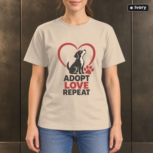 Adopt Love Repeat Rescue Dog T-Shirt, Minimalist Pet Graphic 2