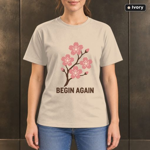 Begin Again Cherry Blossom T-Shirt, Minimalist Floral Nature Graphic 2