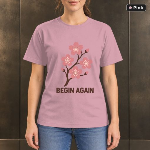 Begin Again Cherry Blossom T-Shirt, Minimalist Floral Nature Graphic 4
