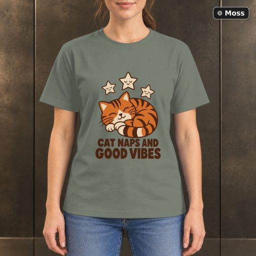 Cat Naps and Good Vibes T-Shirt, Orange Tabby Graphic 3