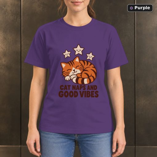 Cat Naps and Good Vibes T-Shirt, Orange Tabby Graphic 5