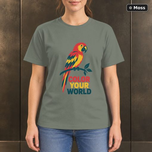 Color Your World Parrot T-Shirt, Minimalist Tropical Bird Graphic 3