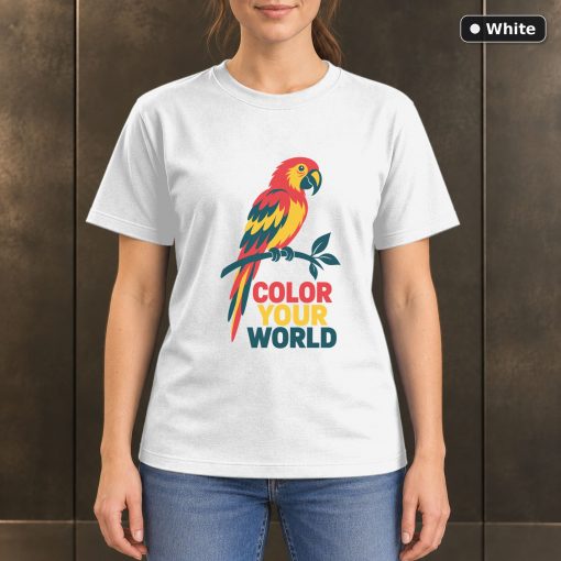 Color Your World Parrot T-Shirt, Minimalist Tropical Bird Graphic 6