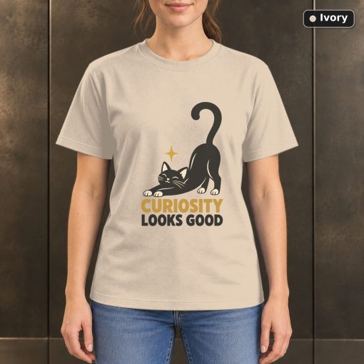 Curiosity Looks Good Cat T-Shirt, Minimalist Black Cat Graphic 2