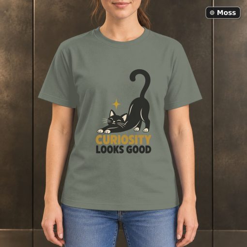 Curiosity Looks Good Cat T-Shirt, Minimalist Black Cat Graphic 3