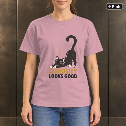 Curiosity Looks Good Cat T-Shirt, Minimalist Black Cat Graphic 4