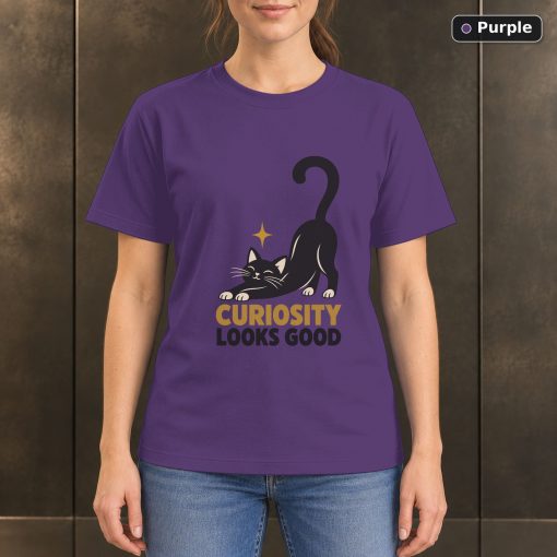 Curiosity Looks Good Cat T-Shirt, Minimalist Black Cat Graphic 5