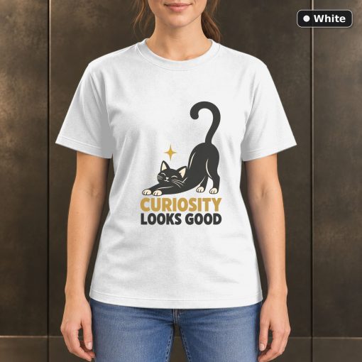 Curiosity Looks Good Cat T-Shirt, Minimalist Black Cat Graphic 6