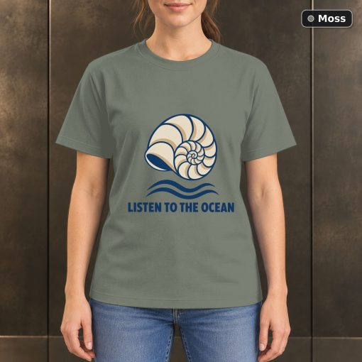 Listen to the Ocean Seashell T-Shirt, Minimalist Coastal Graphic 3