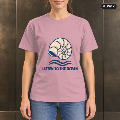 Listen to the Ocean Seashell T-Shirt, Minimalist Coastal Graphic 4