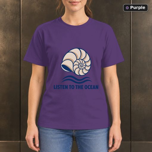 Listen to the Ocean Seashell T-Shirt, Minimalist Coastal Graphic 5
