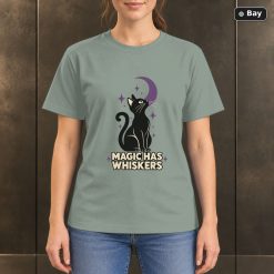 Magic Has Whiskers Black Cat T-Shirt, Minimalist Moon Graphic
