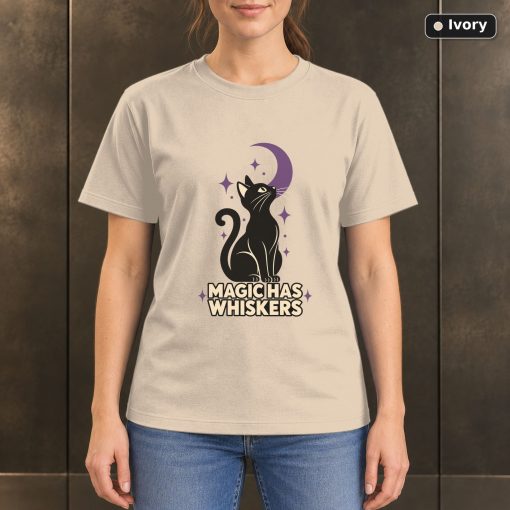 Magic Has Whiskers Black Cat T-Shirt, Minimalist Moon Graphic 2