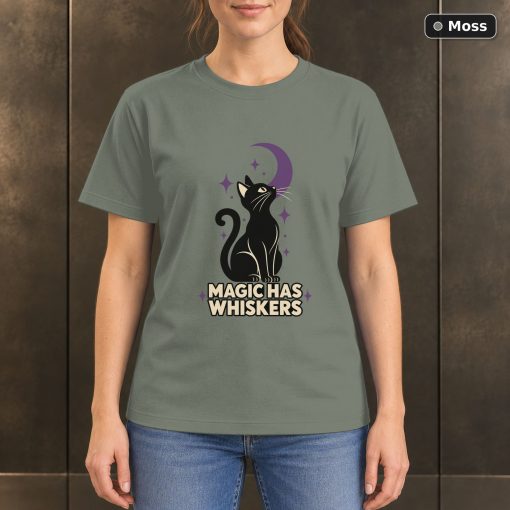 Magic Has Whiskers Black Cat T-Shirt, Minimalist Moon Graphic 3