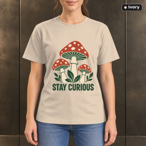 Stay Curious Mushroom T-Shirt, Minimalist Woodland Nature Graphic 2