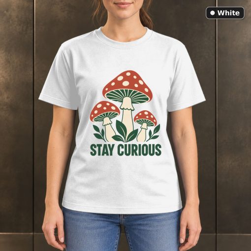 Stay Curious Mushroom T-Shirt, Minimalist Woodland Nature Graphic 6