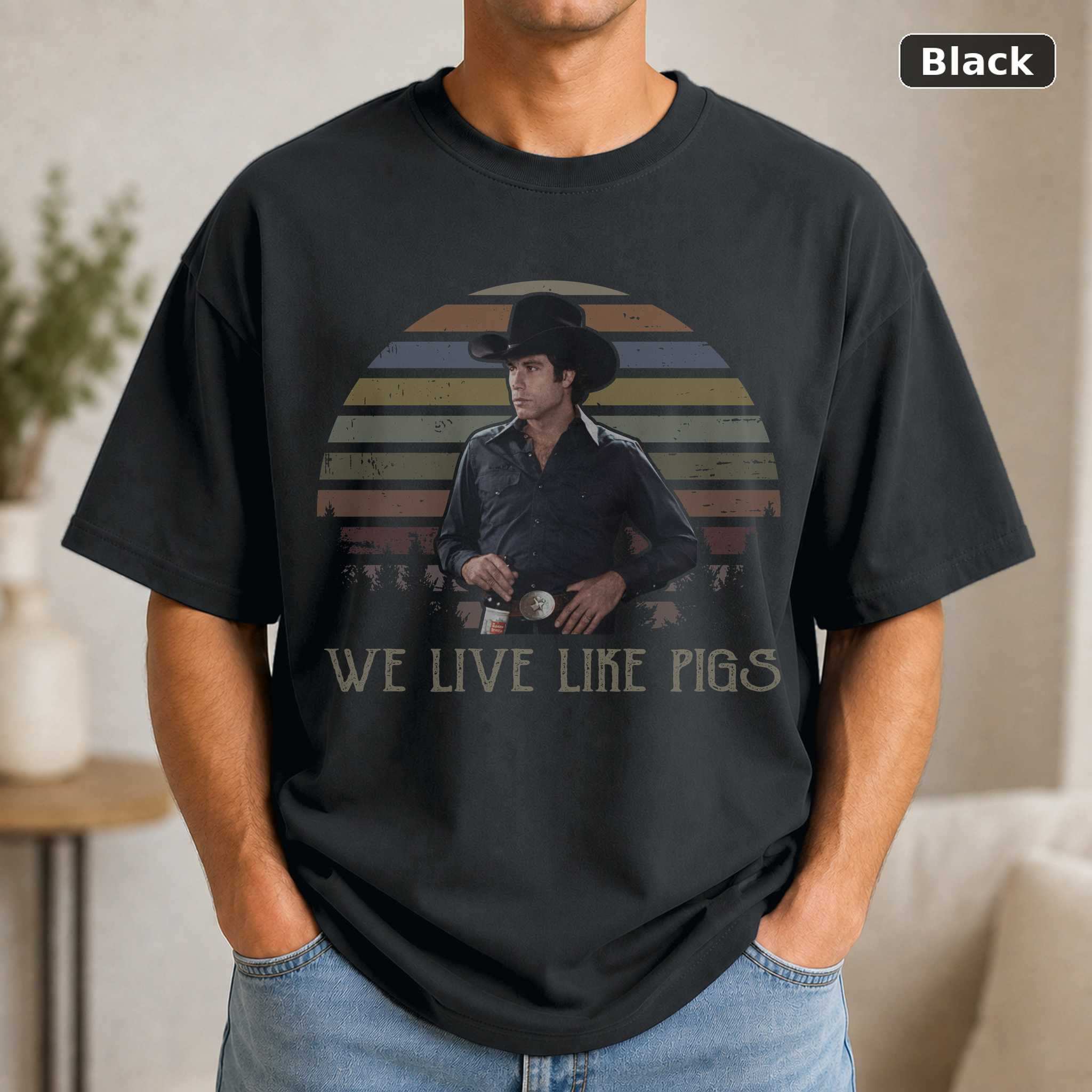 We Live Like Pigs Urban Cowboy T-Shirt, Vintage John Travolta Movie Graphic Tee, Classic Film Fan Gift
