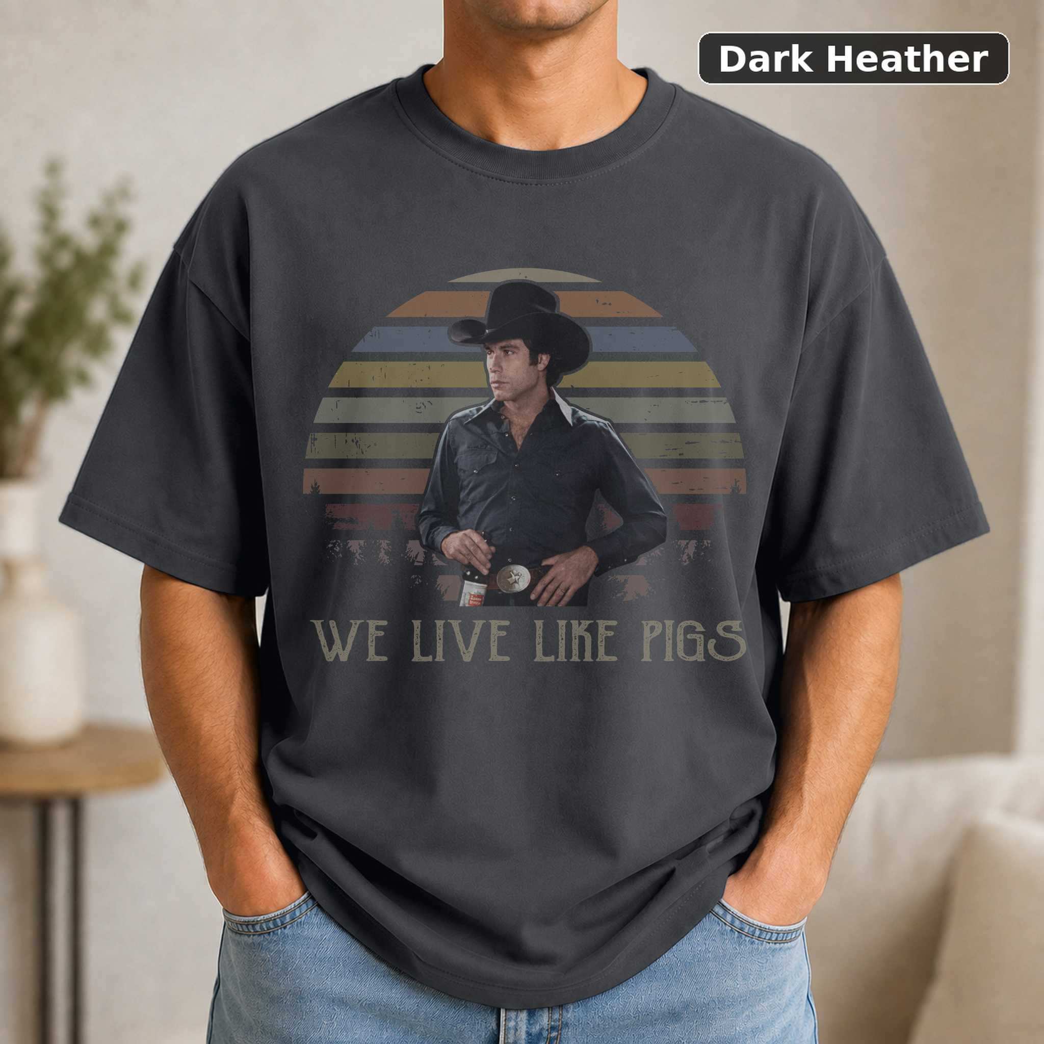We Live Like Pigs Urban Cowboy T-Shirt, Vintage John Travolta Movie Graphic Tee, Classic Film Fan Gift 3