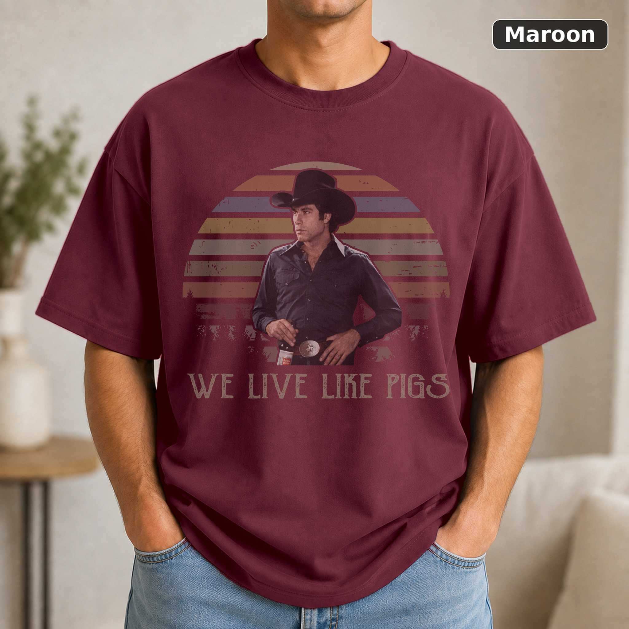 We Live Like Pigs Urban Cowboy T-Shirt, Vintage John Travolta Movie Graphic Tee, Classic Film Fan Gift 4