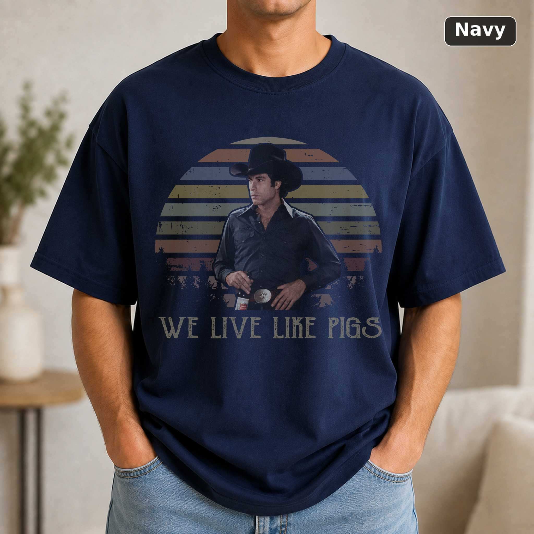 We Live Like Pigs Urban Cowboy T-Shirt, Vintage John Travolta Movie Graphic Tee, Classic Film Fan Gift 5