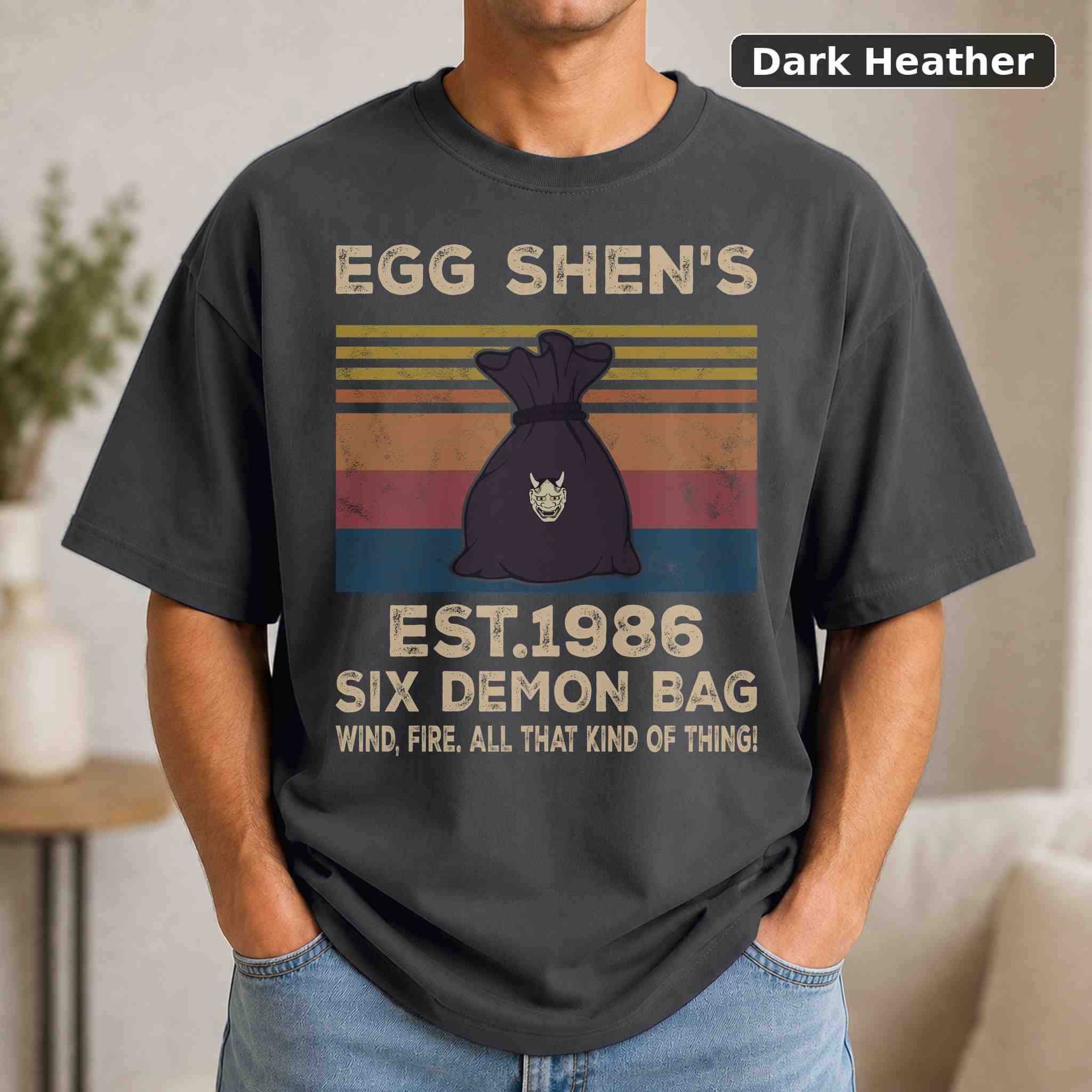 Egg Shen's Est.1986 Six Demon Bag T-Shirt, Vintage Pop Culture Graphic Tee, Retro Fan Gift 3