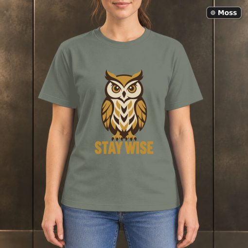 Stay Wise Owl T-Shirt, Minimalist Woodland Nature Graphic 3